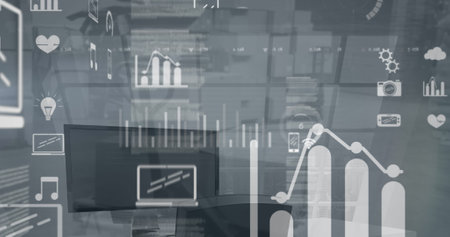 Image of statistical data processing against empty office. Computer interface and business data...