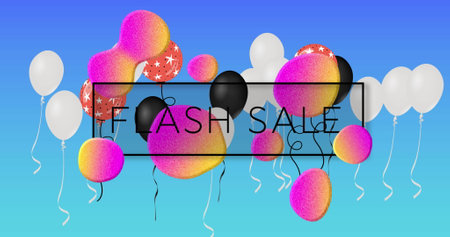 Image of flash sale text over blobs and balloons on blue background. sale, retail and savings concept digitally generated image.の写真素材