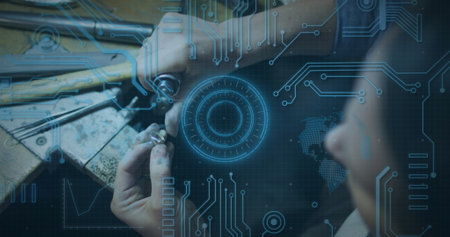 Image of scope scanning and computer circuit board over caucasian man in workshop. global...