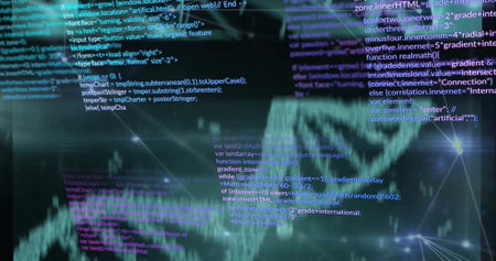 Image of data processing and network of connections on black background. Technology, computing,...