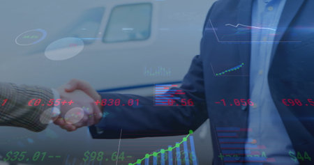 Image of financial data processing over people shaking hands. global connections, business, digital interface, technology and networking concept digitally generated image.の写真素材