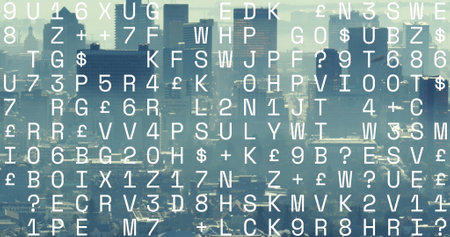 Image of data processing against aerial view of cityscape. Computer interface and business technology conceptの写真素材