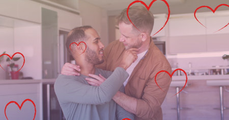 Image of heart icons over diverse gay couple embracing. pride month and celebration concept digitally generated image.の写真素材