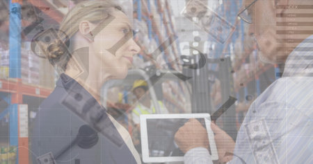 Image of moving clock over diverse female and male businesspeople in warehouse. business, finance and delivery services concept digitally generated image.の写真素材