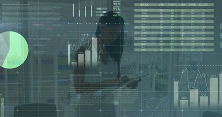 Image of financial data over african american businesswoman in office. business, finance, economy...