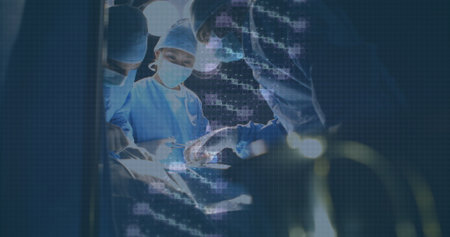 Image of dna strand over diverse surgeons with face masks. global research and medicine during covid...