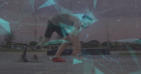 Image of geometrical shapes over caucasian man with running blade preparing to start. professional runner training at sports stadium.の写真素材