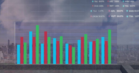 Image of data processing over cityscape. Global finance, business, connections, computing and data processing concept digitally generated image.の写真素材