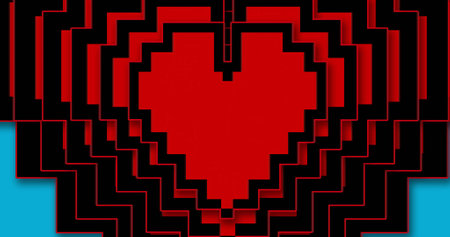 Image of red hearts moving on blue background. Colours, shapes, movement and digital interface concept digitally generated image.の写真素材