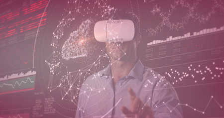 Image of data processing over caucasian man with vr headset. global technology and digital interface...