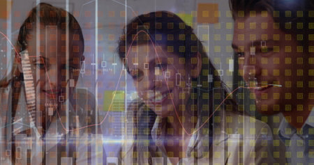 Image of statistics and data processing over diverse business people. global business, connections...