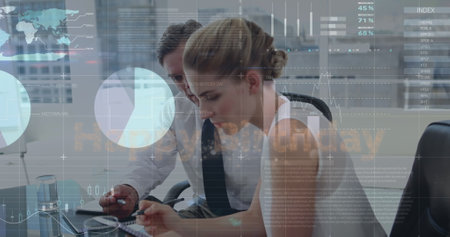 Image of statistics and data processing over caucasian business people. global business, connections...