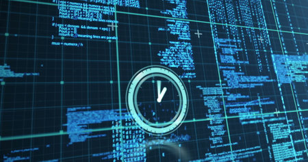 Image of clock moving over data processing on navy background. time passing by and digital interface...