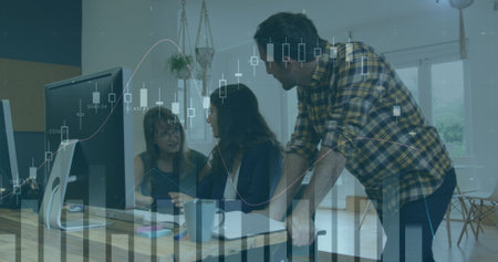 Image of financial data processing over diverse business people in office. global business, finances and digital interface concept digitally generated image.の写真素材