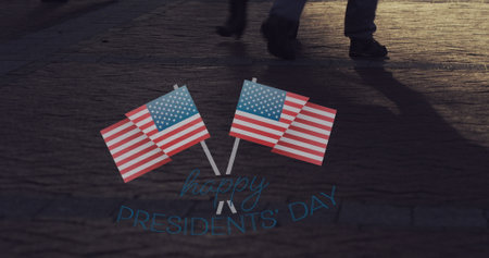 Image of usa flags appearing over timelapse with people walking. city life and american patriotism concept digitally generated image.の写真素材