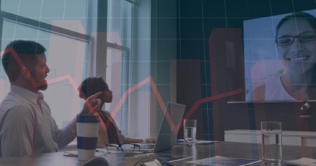 Statistical data processing over diverse businesspeople having a image conference at office....