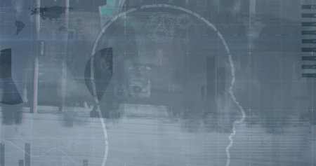 Image of statistical data processing and human head over time-lapse of people walking on street. Business data and analytics technology conceptの写真素材