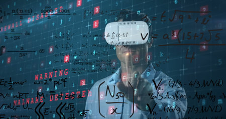 Image of digital padlock and virus scanning over caucasian man in vr headset. Data processing,...