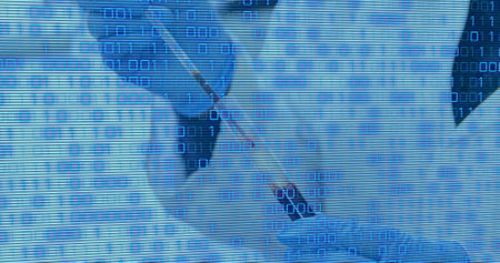 Image of data processing over doctor with test tube. Global medicine and digital interface concept...