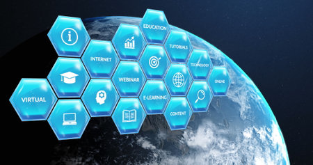 Image of education and learning text and icons on blue hexagons over globe on blue background. Global learning, education and digital interface concept digitally generated image.の写真素材