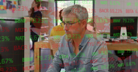 Image of data processing over caucasian businessmen. Global business, finances, data processing and digital interface concept digitally generated image.の写真素材