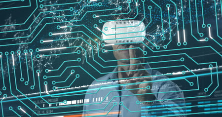 Image of data processing and globe over screens. Global internet security technology and digital...