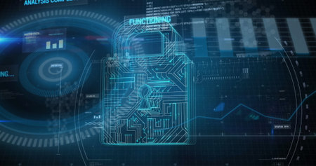 Image of digital screen with data and digital padlock. Digital interface, computers and data...