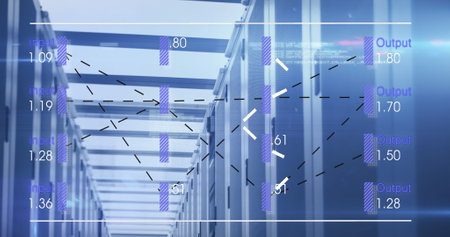 Image of numbers and data processing over computer servers. Global networks, computing, data...