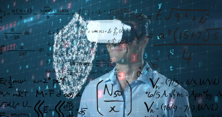 Image of digital padlock and virus scanning over caucasian man in vr headset. Data processing,...