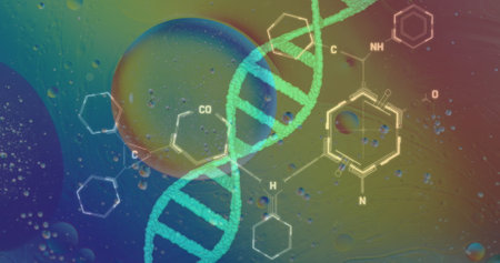 Image of bubbles over dna strand and chemical formula on colorful background. Science, medicine and digital interface concept digitally generated image.の写真素材