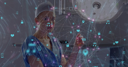 Image of network of connections and moving lights over caucasian female doctor. Network, medicine, health, communication and technology concept digitally generated image.の写真素材