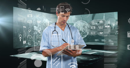 Caucasian male doctor wearing scrubs, writing on clipboard. He has short brown hair, focused eyes,...