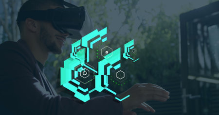 Image of hexagon shapes over caucasian businessman wearing virtual reality simulator in office....
