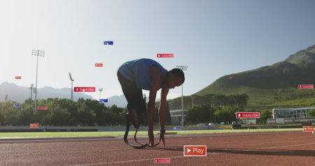 Image of notification bars over african american athlete performing stretching in race track....
