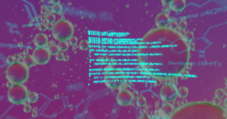 Image of chemical formula over bubbles on purple background. Science, medicine and digital interface concept digitally generated image.の写真素材