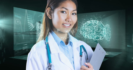 Image of network of connections over business people using phone headsets. Global medicine health and technology digital interface concept digitally generated image.の写真素材
