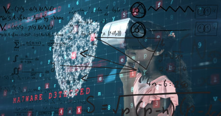 Image of connections over biracial girl in vr headset and digital padlock. Data processing,internet...
