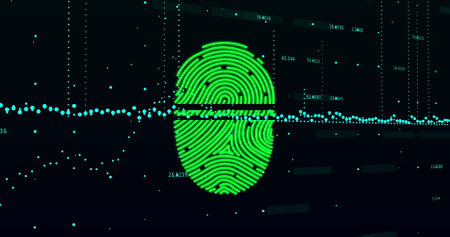 Image of fingerprint over graphs and changing numbers against black background. Digitally generated,...
