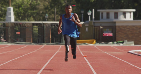 Image of notification bars over african american athlete running on race track. Digital composite, multiple exposure, social media reminder, fitness, disability, sports, competition concept.の写真素材