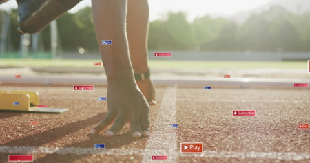 Image of notification bars over african american athlete taking position at starting point. Digital composite, multiple exposure, social media reminder, fitness, disability, sports, competition.の写真素材