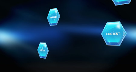 Image of education and learning text on blue hexagons on blue background. Global learning, education and digital interface concept digitally generated image.の写真素材