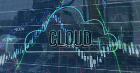 Image of cloud text in cloud with multiple graphs over close up of claw of crane. Digital composite, multiple exposure, report, business, cloud computing, junkyard and technology concept.の写真素材