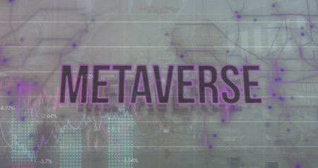 Image of metaverse text, multiple graphs and changing numbers over abstract background. Digital composite, multiple exposure, report, business, growth, futuristic and technology concept.の写真素材
