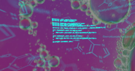 Image of chemical formula over bubbles on purple background. Science, medicine and digital interface concept digitally generated image.の写真素材