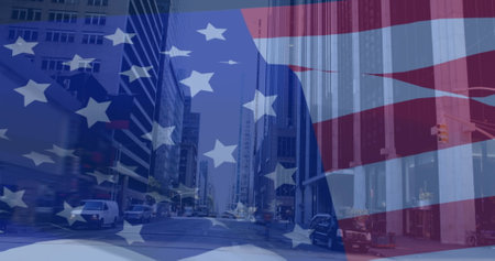 Image of waving usa flag against view of tall buildings in the city. National infrastructure and patriotism conceptの写真素材