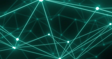 Image of network of connections with glowing nodes over black background. Global connections, computing and data processing concept digitally generated image.の写真素材