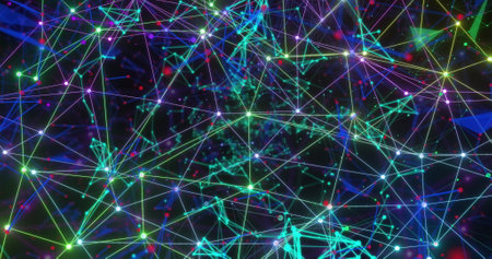 Image of network of connections with glowing nodes over black background. Global connections, computing and data processing concept digitally generated image.の写真素材