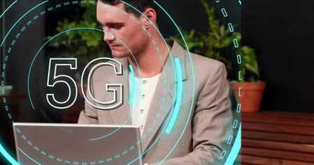 Image of 5g text over round scanner against caucasian man talking on smartphone at a cafe. Global networking and business technology conceptの写真素材