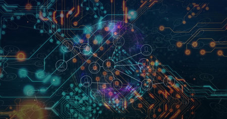 Image of flowchart of icons and circuit board pattern over globe against abstract background....
