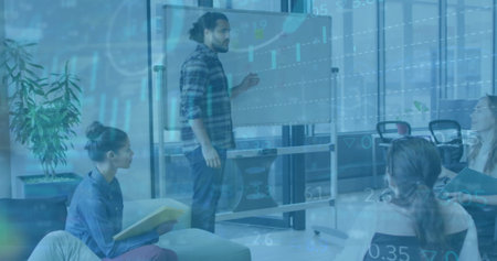 Image of financial data processing over diverse colleagues having meeting in office. Business,...